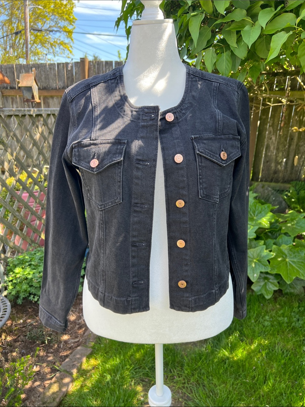 GAP Black Collarless Denim Jacket with Copper Buttons
